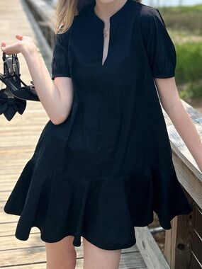 J. Crew Black Puff-Sleeve Flare-Hem Dress in Cotton Poplin, XXS